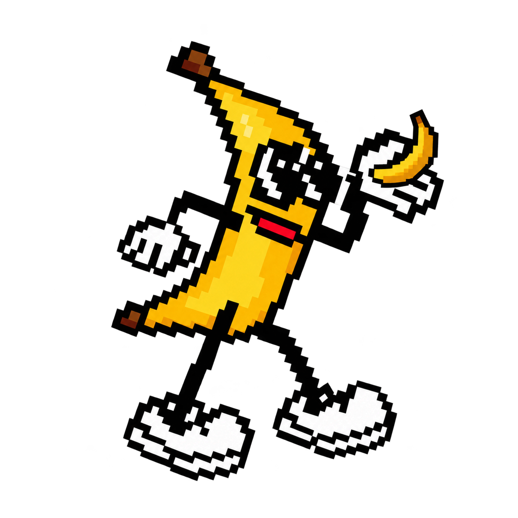 Bananaguy pixel-art banana mascot wearing sunglasses and sneakers